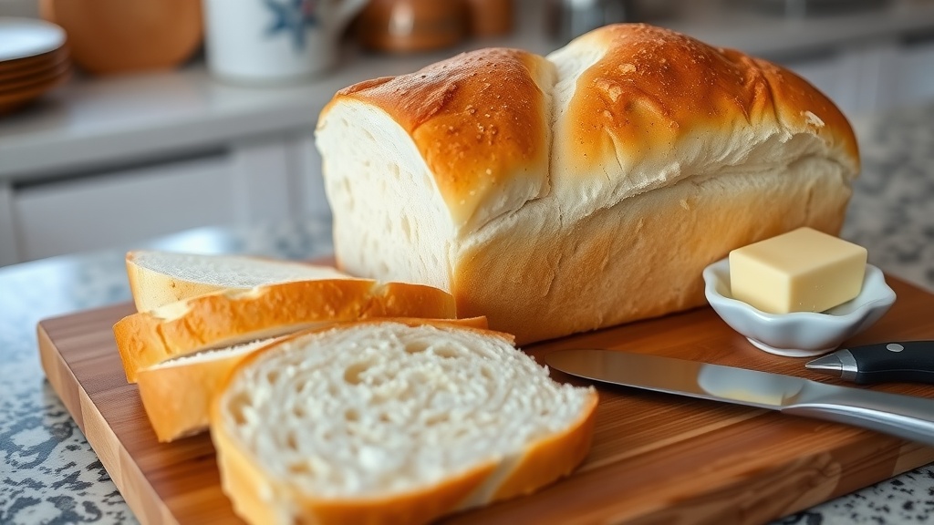 Classic Homemade White Bread Recipe A warm loaf of homemade white bread with slices cut, served on a wooden board with butter.
